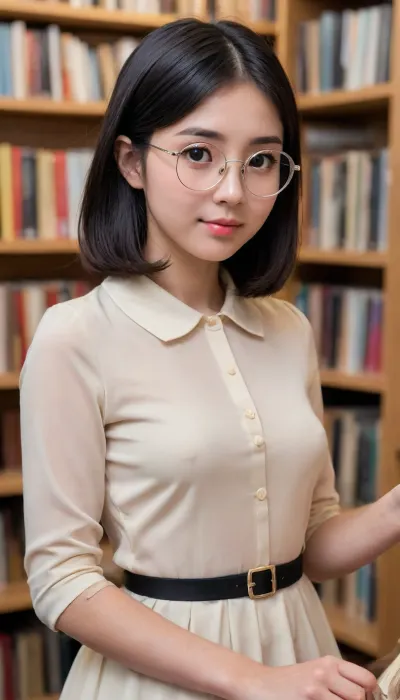 bookworm, Pure, Big breasts, C cup, narrow face, Asian, bookstore clerk, bookstore uniform, short black hair, round gold-rimmed glasses, (((small face))), (young girl:1.7), girl, 20 years old, model, makeup, cute, attractive, petite, snub nose, thigh-high stockings, (long hair:1.2), in a soft, (transparent:1.5), (side view:1.5), (looks at me:1.6), (((skinny))), (big eyes)