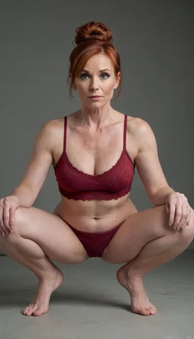 Single female squat, 55 year old, European, Auburn red hair, in a tight bun, red pubes, hairy, full bush, <lora:woman_squat_xl_lora-000031:.5>, <lora:Older_woman-000008:1.3>