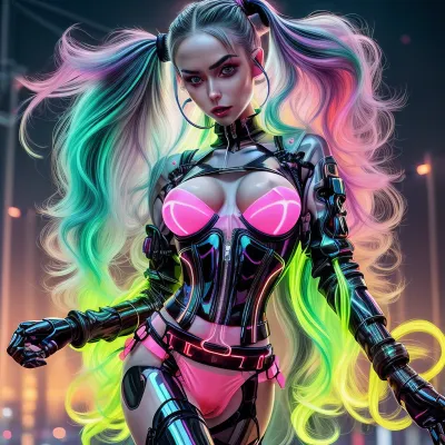 hyper detailed hyper realistic natural cutie, 25 years old beautiful model, (slim), (fluorescent sexy corset), (bright dark green disheveled hair, long hairstyle with pigtail, hair curly in the wind), extremely gorgeous, black stockings, knee socks with frills and ribbons, long very shapely legs, legs spread, legs apart, clip, standing on random cyber background, perfect composition of lights and shadows, warm lights, the brightest image, crystal clear focus, (saturated colours:1.5), (small elastic breasts), small elastic breasts in a bra + T-shirt, (thin waist), ((neon cyber Glossy fabric long coat + sweater)), masterpiece, best quality, (robotic cyber arm), woman, in street + sunset, (portrait view + close-up view), dark lighting, neon_woman, perfect big lips, thin girl, ultra realistic, best shadow, 90% view, loot of cum on hair, ＜lora, (bukkakeLora_v10:1), moles over the body and breasts, <lora:weight_slider_v2:-1>, <lora:age_slider_v20:-2>, <lora:more_details:.5>, <lora:detail_slider_v4:.5>, <lora:NeonStyleV1:.5>