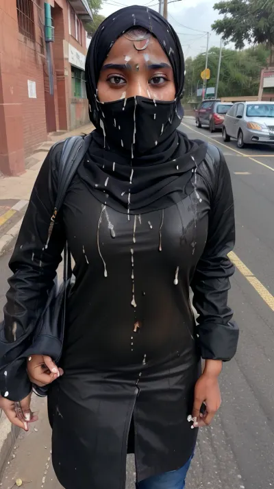 Indian Muslim college student, tight black hijab soaked with cum, cum stains on hijab, cum, on, cloth, roaming on the road face covered with cum, <lora:cum_on_cloth:.5>