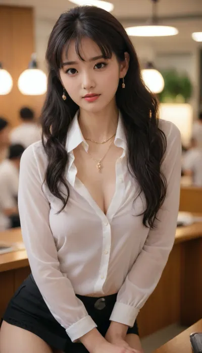 Intellectual woman, exquisite appearance, gentle, Japanese, exquisite earrings, exquisite necklace, exquisite bracelet, close-up, no makeup, sexual tension, front view, light makeup, lace bra exposed, 45° angle Bank, intellectual woman, 45° angle view, mature woman, married woman, unbuttoning the top few buttons of the shirt, open collar, brand name on the chest, bank clerk, sitting behind the counter, white shirt, suit jacket, black short skirt, large breasts, C cup, narrow face, Asian, long black hair, (((small face))), 25 years old, model, makeup, cute, attractive, petite, snub nose, thigh-high stockings, (long hair:1.2), in a soft, (looks at me:1.6), (((skinny))), (big eyes), ysn, <lora:xl_ysn_0906_v1:.5>, Saika, <lora:Saika_SDXL_2_reg_:.5>, majicmix_style, <lora:beautiful_girl_ver1.1:.5>