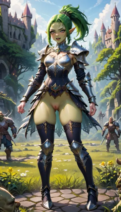 concept, Fangs, pussy, sticking out, Sharp ears, Flowing pussy, creamy pussy, wet pussy, white female cum, The armor, mouth, art, dress, The Old Castle, realistic, Orc, Green skin, fantasy, 1 woman, black dress, themed, light, orc woman, Fangs from the mouth, armor shoulders, armor chest, armor knees, fangs, stockings, full height, big ass, small breasts, slim waist, ponytail hairstyle