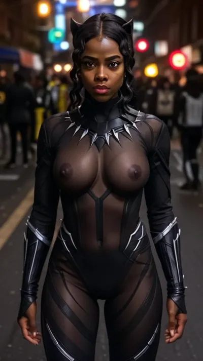 Young black woman, Superhero, black panther, transparent see thru clear suit, see pussy, see tits, skinny body, large boobs, on street by night, <lora:RVTransparent5:.5>