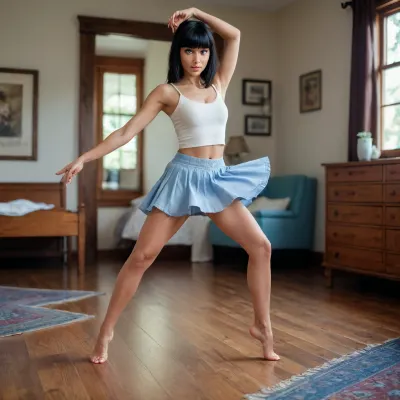 woman, dancing, bedroom, straight black bangs and blue eyes, tanned cutie, pedicure and wooden floor, semi-realism