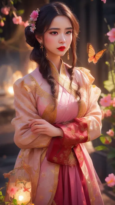 (((masterpiece))), best quality, [ultra detailed, extremely detailed], detailed background, glowing, light particles, light rays, atmospheric lighting, sparkle, 1girl, detailed face, hanfu, hair ornament, flower, long hair, solo, hair flower, holding, long sleeves, black hair, hair bun, wide sleeves, jewelry, earrings, looking at viewer, hands up, red lips, facial mark, makeup, window, lattice, petals, pink flower, butterfly, branch, bug, <lora:bhands-neg:.5>