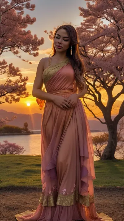 Create an image of a serene and enchanting sunset scene, capturing the golden and radiant hues of the setting sun as it casts a warm glow over the landscape. In the foreground, a confident woman stands, her silhouette softly illuminated by the sun's rays. She exudes a sense of inner peace and joy, embodying the magic of nature's beauty. The sky is painted with vibrant shades of orange, pink, and purple, while delicate cherry blossoms gently sway in the breeze, adding a touch of elegance to the scene. The overall mood is one of tranquility and self-celebration, inviting viewers to embrace their own confidence and inner glow., <lora:bimbostyleFiveU:.5>