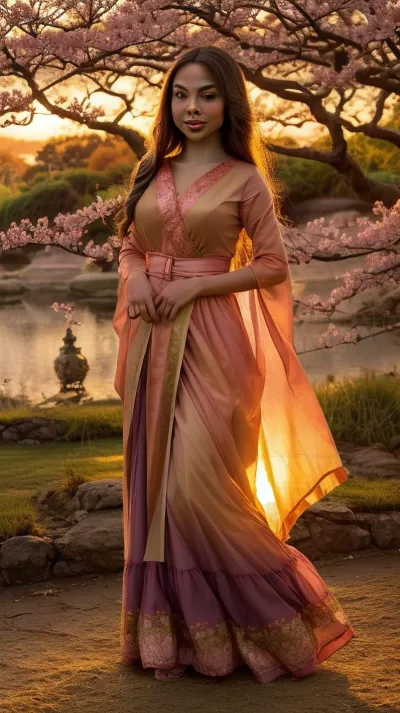 Create an image of a serene and enchanting sunset scene, capturing the golden and radiant hues of the setting sun as it casts a warm glow over the landscape. In the foreground, a confident woman stands, her silhouette softly illuminated by the sun's rays. She exudes a sense of inner peace and joy, embodying the magic of nature's beauty. The sky is painted with vibrant shades of orange, pink, and purple, while delicate cherry blossoms gently sway in the breeze, adding a touch of elegance to the scene. The overall mood is one of tranquility and self-celebration, inviting viewers to embrace their own confidence and inner glow., <lora:bimbostyleFiveU:.8>