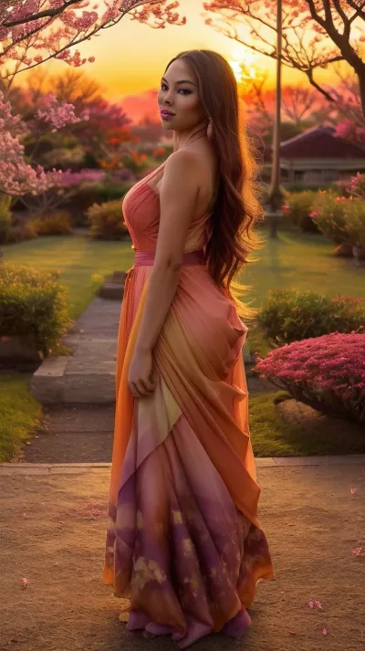 Create an image of a serene and enchanting sunset scene, capturing the golden and radiant hues of the setting sun as it casts a warm glow over the landscape. In the foreground, a confident woman stands, her silhouette softly illuminated by the sun's rays. She exudes a sense of inner peace and joy, embodying the magic of nature's beauty. The sky is painted with vibrant shades of orange, pink, and purple, while delicate cherry blossoms gently sway in the breeze, adding a touch of elegance to the scene. The overall mood is one of tranquility and self-celebration, inviting viewers to embrace their own confidence and inner glow., <lora:bimbostyleFiveU:.8>