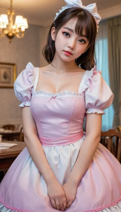 Create an image of a manga-style girl with exaggerated features, including a maid dress that accentuates her large bust. She has plump, glossy lips and is striking a seductive pose. The setting is a whimsical, pastel-colored room with soft lighting that enhances the playful and alluring atmosphere. Her eyes are large and expressive, adding to the charming and captivating manga aesthetic.