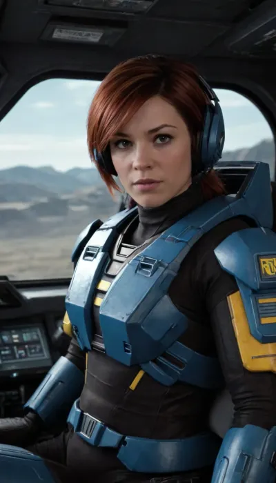 rvb, agent, Caroline, Woman, without helmet, fiction, The full picture, sitting in the pilot's seat, Cockpit, <lora:agent_carolina_xl_v1:.5>