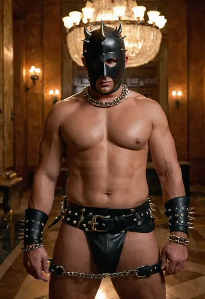 professional photo shoot, full-length photo, man of full build, without clothes, black leather mask with eye slits on his head, chain around his neck, wide leather belt on his stomach, chain on his stomach, wide leather belt with spikes on his leg, penis visible, big thick penis, penis, leather bracelets on his hands with spikes, he holds a large knife with a serrated blade in his hand, stands tall in an expensive chic lobby.