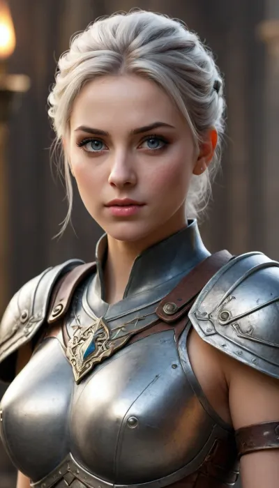 safe_pos, score_9, score_8_up, score_7_up, a solo female warrior, depicted from the chest up, showcasing her upper body and armor. She has blue eyes, medium-sized breasts, and short, grey hair adorned with a hair ornament. Her makeup is minimal, with parted lips and accentuated eyelashes. She has a piercing on her ear and a realistic, expressionless look on her face.
The illustration is drawn in a comic style, with rough lines using ink, and features hatching textures for added depth and dimension. Influenced by graphic novels, the art style incorporates sharp lines and high-quality, high-resolution, (hires), detail. the female warrior, complete with shoulder armor, gorget, and pauldrons., (((random detailed background))), (((((upper body))))), dynamic pose, (((full clothed))), <lora:detailed_notrigger:1>