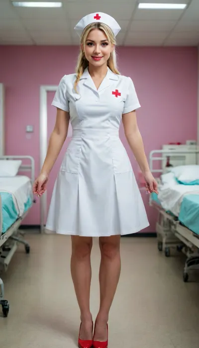 masterpiece, best quality
solo, 1girl, full body, nurse, green eyes, blonde hair, ponytail, nurse cap, breasts, white dress, red cross, pink high heels
evil smile, looking at viewer
indoors, hospital