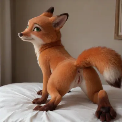 Pretty naked female version of Nick from cinema Zootopia. She is a cutest furry fox, with small breasts, small peach pussy and cute anal. She sits and show us she's pussy in doggy style pose. She have soft foxes paws, years and tail. All she's body is a orange foxes furr. Arms, legs and body is a orange soft foxes furr. She have green eyes. She feels little uncomfortable. She is little shy. She sits and show us she's pussy and anal. Doggy_Style_Pose Furry_Fox Tight_Anal Small_Pussy