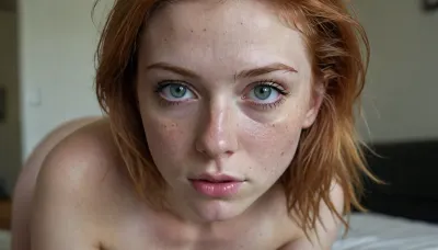 A slim fit 20 years old woman, messy hair, ginger, freckles, small breasts, A-cup, narrow torso, on all fours, face down, she gets anal fucked from behind, doggy style, full bodies view, Accurate eyes. Realistic detailed eyes. Realistic skin texture. high quality, hyperrealistic, extremely detailed, high resolution, high resolution face, high resolution eyes, upass, 1girl, solo, pussy, hyperforeskin, sidedoggystyle, ass, doggy, sex, front, view, film, photography, style, light, grain, medium, heavy, <lora:SDXL_FILM_PHOTOGRAPHY_STYLE_V1:.5>, perfecteyes, <lora:lora-sdxl-perfect-eyes:.5>