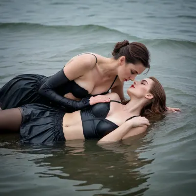 woman kissing, both woman Wearing a, skirt, black bra, long satin gloves, black pantyhose, Pumps, lying in water, in the sea, wet clothes, bra ripping