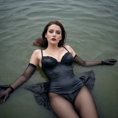 Wearing coctaildress, black bra, long satin gloves, black pantyhose, heels, lying in water, in the sea, wet clothes, top full view