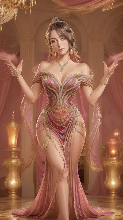A beautiful and elegant anime woman wearing a vibrant evening gown. The gown is a kaleidoscope of colors, featuring intricate patterns and flowing fabrics that catch the light with every movement. She stands gracefully in a lavish ballroom, with grand chandeliers casting a soft, shimmering glow across the room. Her expression is serene and poised, exuding confidence and charm. The background is adorned with ornate decorations and rich textures, enhancing the luxurious and enchanting atmosphere. The scene captures a moment of elegance and sophistication, with a touch of fantasy in the anime style., woman, <lora:Monique 20:.5>