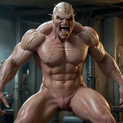 1 naked woman Full-length photos from afar! the head of a female robo manus from battletoads with a wide naked massive muscular body of a bodybuilder, barrel conformation muscle, huge wrinkled muscle, behemoth muscle, metal head with Lazer light eye, wrinkled tendonous skin stretched over metal chest and muzzle, long neck elongated by a corrugation, terrible Biomechanical monster necromorphic creature, elongated jaw with a snarling tooth, wet mucus, cyberpunk, hyperrealism, professional photography, realistic, high detail, fingering, <lora:2FingersSDXL_v03:.5>