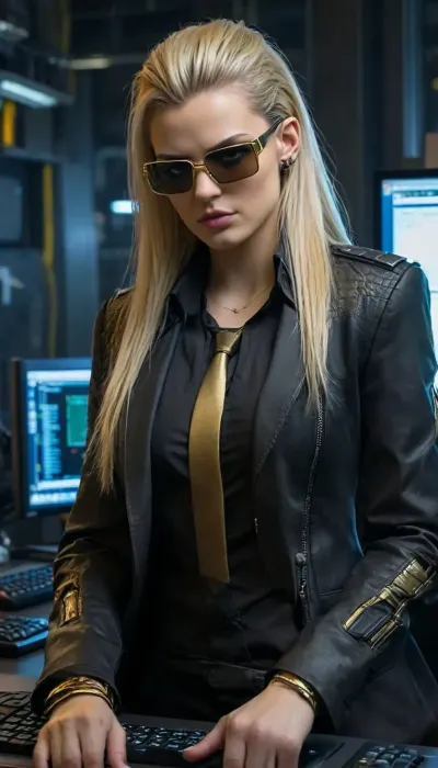 cyber punk girl in the office at the desk, long styled blonde hair, cyberpunk style, hyperrealistic, cyberpunk corpo, cyberpunk 2077 character, cyberpunk, elegant corporate clothing of a cyberpunk corpo, sci-fi businesswoman, professional photograph, high quality, HDR, RAW color, black-golden shirt, black-golden long coat, cyber glasses, body with microchips, cyber implants in the body mohawk, <lora:FF-CyberF-Male1Locon:1>