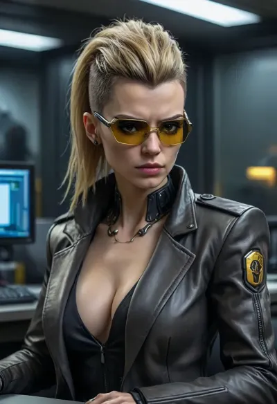 cyber punk girl in the office at the desk, long styled blonde-black hair, cyberpunk style, hyperrealistic, cyberpunk corpo, cyberpunk 2077 character, cyberpunk, elegant corporate clothing of a cyberpunk corpo, sci-fi businesswoman, professional photograph, high quality, HDR, RAW color, black-golden shirt, black-golden long coat, cyber glasses, body with microchips, cyber implants in the body, chip in head, cybernetic eyes, robot neck, future gun in hand, mohawk, <lora:FF-CyberF-Male1Locon:1>, <lora:CyberwareByMakeThemComeAlive:.5>, <lora:female_xenomorph_sdxl_V2:.5>
