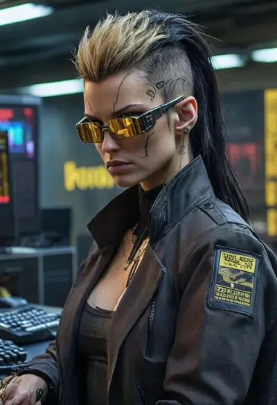 cyber punk girl in the office at the desk, long styled blonde-black hair, cyberpunk style, hyperrealistic, cyberpunk corpo, cyberpunk 2077 character, cyberpunk, elegant corporate clothing of a cyberpunk corpo, sci-fi businesswoman, professional photograph, high quality, HDR, RAW color, black-golden shirt, black-golden long coat, cyber glasses, body with microchips, cyber implants in the body, chip in head, cybernetic eyes, robot neck, future gun in hand, mohawk, <lora:FF-CyberF-Male1Locon:1>, <lora:Cyber_ID:.5>, <lora:cyber_aesthetic_sdxl:.5>