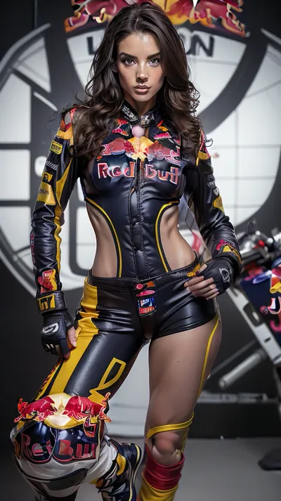 (((wearing red bull motorcycle racing suit))), slender body, e body, siting, legs, 30 years old, skinny body, full-length view, small waist, slender girl, hips, ass, slender ass, very slender, mini, portrait, professional, very slender body, thin arms, skinny girl, thin hips, freckles, narrow torso, skinny torso, very body, (hot body:1.11), (very hot body:1.11), electronic body, inexperienced, early, thin waist, skinny arms, (transparent silhouette:1.28), (with backlight:1.12), (e:1.25), (highly detailed brunette curly long hair:1.18), (highly detailed nose:1.18), (highly detailed eyes:1.18), (((Very detailed face))), sweaty skin, textured skin, (perfect fingers:1.2), (masterpiece, face of the best quality), super realistic, very long dark curly hair, penetrating gaze, seductive, sexy, glamorous, plump lips, Gorgeous goddess, ATHLETES, SLAVIC GODDESS, (((SLAVIC ATHLETE))), athlete with small hips, (((VERY THIN))), (((VERY ATHLETIC))), (((HYPER ATHLETIC))), very fit, sculpted body, athletic body, chiseled body, muscular beauty, ATHLETIC PHYSIQUE, TONED BODY, (((SUPERMODEL))), athlete with curves, muscular body, (toned muscles:1.3), (musculature:1.3), (muscles, toned body, abs, perfect body), (perfect ass, toned ass), slim body, toned abs, ((big breasts)), tall, girl, (long legs:1.2), (straight legs:1.3), long legs, athletic physique, gymnast physique, toned physique, slender athletic legs, very narrow waist, rounded hips, very high legs, athletic buttocks, (huge round breasts:1.7), amazing ass, amazing tits, elegant, sensual, curvy, showing her massive breasts, very erotic beautiful attractive fitness model, perfect body, showing her huge tits, breast out of suit, ((BIG TITS:1.4)), very busty, (E cup tits)