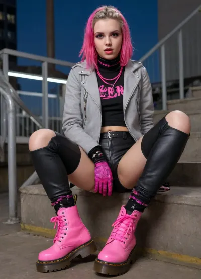 (hyper realistic), (most beautiful slender and slim 18 year old punk pornstar squatting on external metal stairs at night), (wearing platform Dr.Martens boots with fuchsia laces, biker jacket over grey hoodie, studded choker, black leather gloves:1.5), (beautiful detailed face, sensual eyes looking in camera), (neon lights, dark high contrast hair glow lighting), (erotic photo, porn photo, pornography, photorealistic, photo realistic, photorealism, photo realism, realistic, realism, 4k, 8k, 8k resolution, best quality, ultra quality, highest quality, maximum quality, uncompressed, raw source photograph), (intricate clothing, detailed clothing, detailed skin, realistic skin), <lora:SquattingAnal:.5>