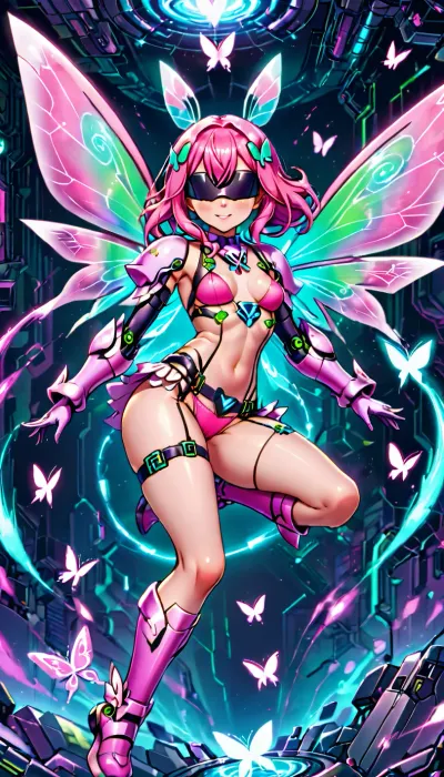 Kazemon from Digimon, Fairy Woman Digimon, adult woman, long purple hair, slender body, small breasts, flying in air, big white butterfly wings, tiny white butterfly wing on side of head, Futuristic pink crop top armor, Futuristic pink bikini-bottoms armor, eyes covered, silver metal blindfold, Futuristic pink gauntlets, futuristic knee-long pink boots, Futuristic Pink Bellybutton Belt, green and magic in her hands, confident face forward stance, front view, full body