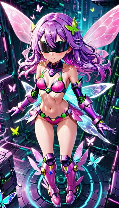 Kazemon from Digimon, Fairy Woman Digimon, adult woman, long purple hair, slender body, small breasts, flying in air, big white butterfly wings, tiny white butterfly wing on side of head, Futuristic pink crop top armor, Futuristic pink bikini-bottoms armor, eyes covered, silver metal blindfold, Futuristic pink gauntlets, futuristic knee-long pink boots, small butterfly wings on boots, Futuristic Pink Bellybutton Belt, green and magic in her hands, confident face forward stance, above view, full body