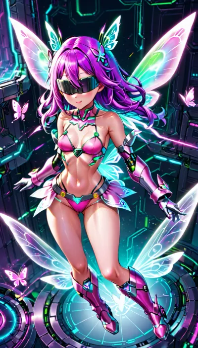 Kazemon from Digimon, Fairy Woman Digimon, adult woman, long purple hair, slender body, small breasts, flying in air, big white butterfly wings, tiny white butterfly wing on side of head, Futuristic pink crop top armor, Futuristic pink bikini-bottoms armor, eyes covered, silver metal blindfold, Futuristic pink gauntlets, futuristic knee-long pink boots, small butterfly wings on boots, Futuristic Pink Bellybutton Belt, green and magic in her hands, confident face forward stance, above view, full body