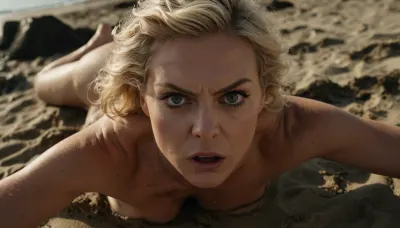 naked 45 yo finnish woman lying in beach, curvy body, ((angry:1.5), (wide eyes:1.5), blonde wave haircut, beaten, not beautiful, crying, with, tears, ruined makeup)