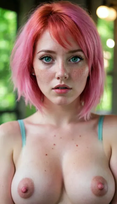 4ng3l, face, <lora:SDXL_BetterFaces-LoRA_v1:.5>, puffy, long nipples, fair, ghost, wide, <lora:Nipples XL:.5>, natural tits, ahegao, freckles, pink hair, green eyes