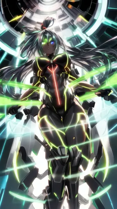 fully nude very muscular black girl, very dark skin, mid size breasts, glowing light yellow tousled hair, glowing light green body painting, glowing light red eyes, full body view, night in futuristic city with neon lights