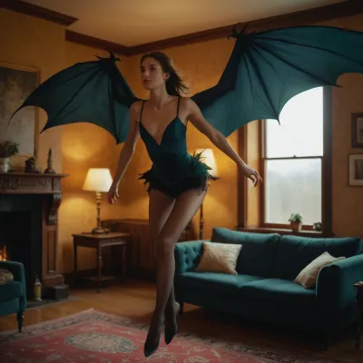 beautiful sexy slender dragon like girl flying in room wearing nylons