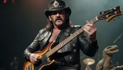 Lemmy Kilmister riding a dinosaur while playing bass