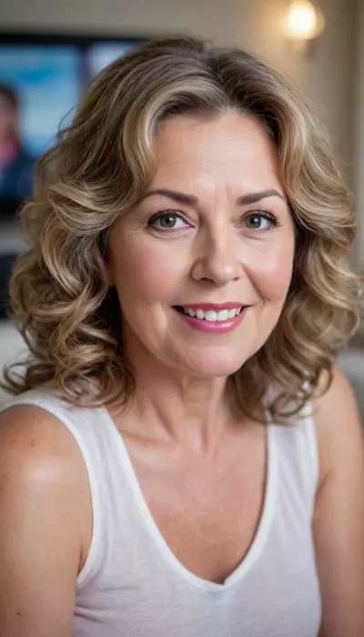 Close-up portrait of a chubby 60 year old GILF with long, curly brown hair, styled in soft waves. She has fair skin and light natural makeup, with soft pink lips and subtle eyeliner. The woman is smiling gently, her expression calm and relaxed. She is wearing a sleeveless white top, with part of her shoulder and chest visible in the frame. The background is a neutral, light gray wall, with soft natural lighting illuminating her chubby face. In the blurred background, a small section of a television screen with a colorful image is visible, along with a golden decorative item on the side. The photo is taken indoors with a minimalistic setting, and the focus is on her face, with a shallow depth of field.