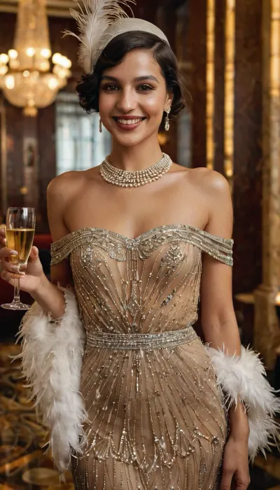 Ultrarealistic Photography, high-resolution, photorealistic image, wallpaper, 8k, full front view, one woman in 1920, happy laughting, 25 years old, arabian adult beauty, very short hairs, roaring twenties luxurious transparent Off Shoulder Dress and feather hat, visible small perky boobs, ultra saggy, small nipples, beautiful necklace, long earrings, holding a cup of champaign, huge party in a luxurious art-deco hotel lobby background