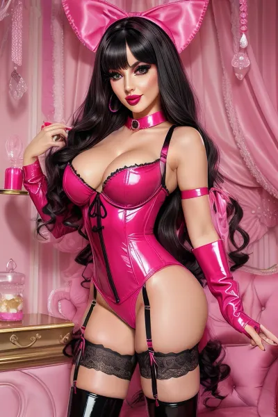 Shemale, chastity, full lips, bright pink lipstick, long eye lashes, slutty makeup, black hair, long hair, bangs, wavy hair, collar, dark eye shadow, stockings, garter belt, high heels, big boobs, large butt, barbie pink latex mini dress, barbie pink lingerie, pink corset, bukkake