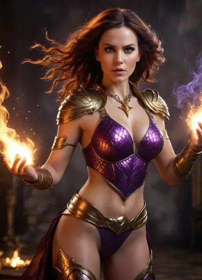 40 years old, fierce brunette woman, A fine illustration of goddess of fire lightning, smokey eyes, throwing a fireball towards the viewer. Glowing with fire necklace, dragon scale armor, small boobs, ((slightly curvy body)), hair flowing over, fire hair, fighting stance, golden and purple accents, bare shoulders, solo focus, cinematic lighting, full body view, <lora:great_lighting:.5>