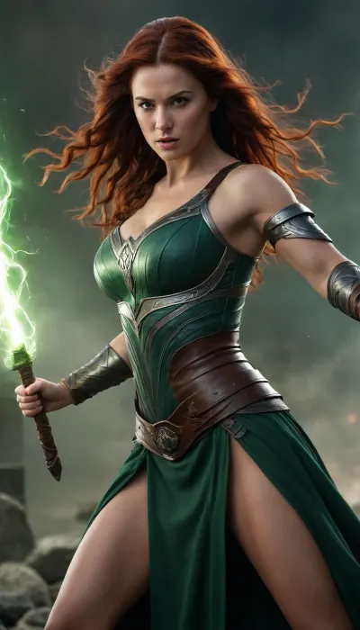 fierce brunette woman, A fine illustration of a sigyn, norse mythology, goddess of fire lightning, viking, armored dress, slightly curvy body, hair flowing over, fighting stance, green accents, bare shoulders, solo focus, cinematic lighting, full body view, <lora:great_lighting:.5>
