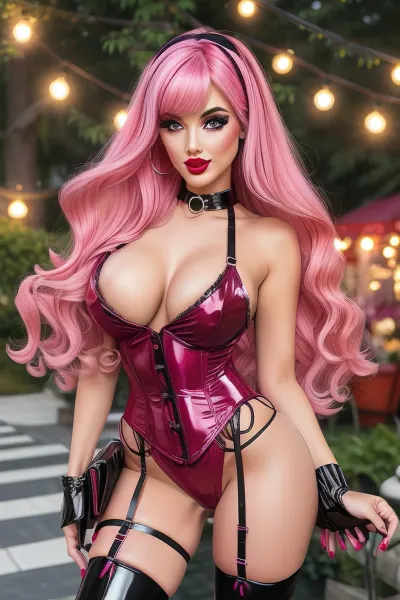 Shemale, chastity, full lips, bright pink lipstick, long eye lashes, slutty makeup, black hair, long hair, bangs, wavy hair, collar, dark eye shadow, stockings, garter belt, high heels, big boobs, large butt, barbie pink latex mini dress, barbie pink lingerie, pink corset, bukkake, outdoors