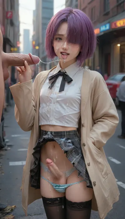hand up, looking at viewer, cyberpunk, (cyberpunk), android, (android), part robot, detached kimono sleeves, smile, ahegao, male focus, yaoi, ribbon, short bobcut hair, hair over eyes, (hair covers eyes), purple hair, standing, thighhighs, femboy, black thighhighs, blush, cum on clothes, covered in cum, cum everywhere, cum in panties, (covered in cum), bukkake, cum soaked, cum on boobs, cum on belly, cum on arms, cum on face, cum on legs, cum on whole body, cum on penis, open mouth, penis, saliva, sweat, tongue, tongue out, underwear, clothes lift, cum string, saliva trail, shirt, striped, jacket, panties, panty pull, trap, navel, skirt, bow, midriff peek, plaid, plaid skirt, miniskirt, cowboy shot, skirt lift, neck ribbon, frills, vest, pleated skirt, black skirt, outdoors, striped panties, black ribbon, testicles, crossdressing, erection, cum in mouth, naughty face, facial, bow panties, blue panties, after ejaculation, bulge, penis bulge, cum on tongue, d, clit penis, after fellatio, busy street, breast cutout, boob cutout, (boob window), crop top, trench coat, cum on male, (dragon, ball_), cum, on, face, 1980s, (style\), bluethebone, 1girl, girl, Nobue, Itou, Chika, Miu, Matsuoka, Matsuri, Sakuragi, Ana, Coppola, anime, <lora:JustCum:1>, <lora:enhancerV4-xl:2>, <lora:Ichigo Mashimaro_XL:1>, <lora:EnvyCyborgXL01:2>, <lora:Cyberpunk _Anime_V2_light_version-SDXL:2>