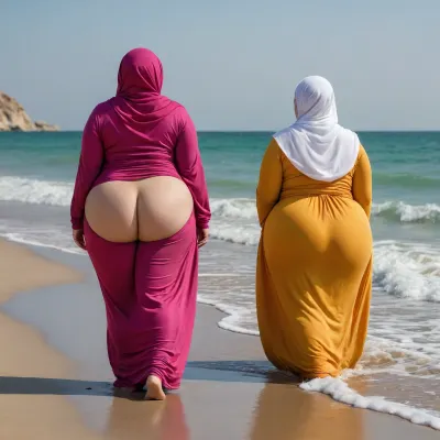 Ssbbw, two Woman arab hijab on beach, cellulite ass, big ass, fat cellulite