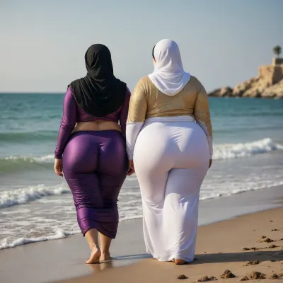 Ssbbw, two Woman arab hijab on beach, cellulite ass, big ass, fat cellulite