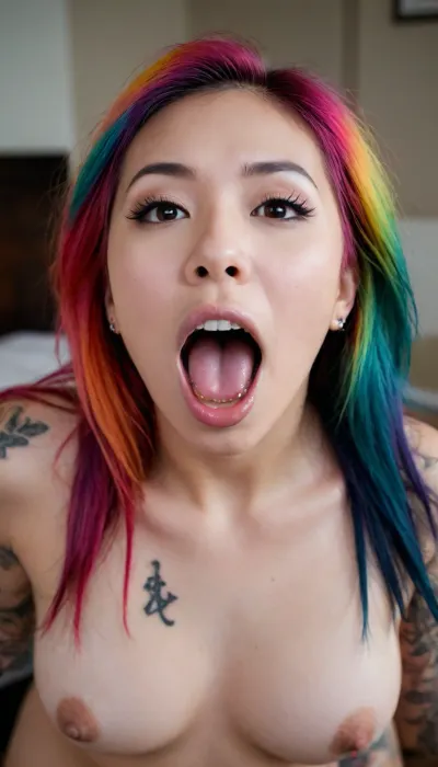 Asian Emo. Nude. 18. tattoos. Sexy pose. Colorful hair. Mouth open. Tongue out. Looking up at the camera. Long hair. View above. Sucking