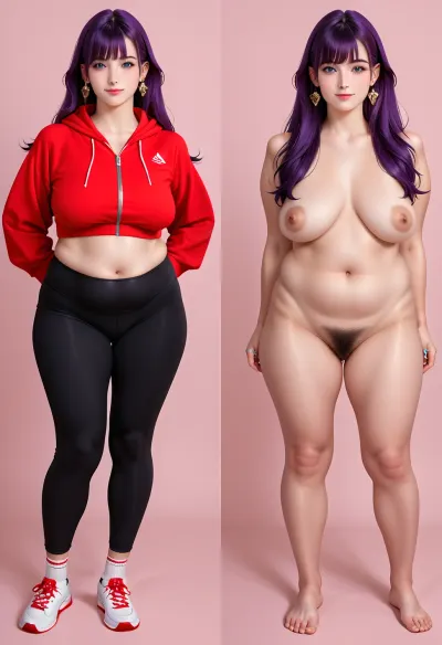 masterpiece, ultra-detailed, best quality, (photo-realistic, hyper-realism:1.2), clear image, detailed face, (full body shot), cute, pretty, 21years old, Her height is 165cm.Japanese girl standing straight, (arms at sides, frontal body, wide stance:1.2), look at viewer, smile, black clean eyes, naked, barefoot, round face, beautiful dark-purple hair, long hair, bangs, saggy breasts, (chubby, fat, natural pubic hair:1.2), (2split views, same_person, same body_proportions, same_face, same_body, same_pose, same_angle, onoff:1.2), front view, detailXL, more detail XL, <lora:detailed_notrigger:.5>, BREAK, (athletic style fashion, wearing sports-bra on red-Zip_hoodie and Black tight_pants and socks and white_shoes.), earrings, rings
BREAK
simple light-blue and pink background, <lora:OnoffXL_ExtraCrispy:.7>