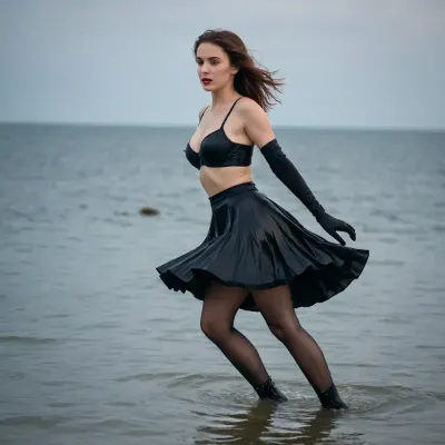 Wearing a skirt, black bra, long satin gloves, black pantyhose, heels, swimming, in the sea, wet, side view
