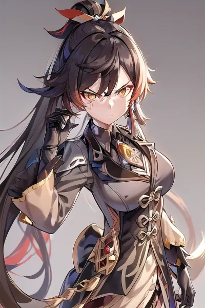 masterpiece, best quality, zhongli, (genshin impact), female focus, jewelry, long hair, 1girl, middle breast, solo, earrings, bangs, gloves, ponytail, black gloves, multicolored hair, brown hair, hair between eyes, single earring, jacket, tassel earrings, long sleeves, tassel, looking at viewer, yellow eyes, gradient hair, suit, black hair, (angry face:1.4), (pov titjob:1.4), liquid cum, cum on face, cum on breast, (grey background:1.4), (kbxll:.6), <lora:zhongli:.5>