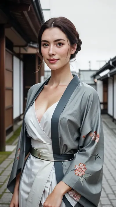 nordic woman, perfect lighting, ultra realistic, 8k resolution, ultra detailed, instagram model, professional photography, travel, dark hair color, Traditional Japanese clothing, Kimono, medium chest, shy smile, playful, freckled face, slim body, lifelike face, real face
